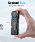 Hand holding Compact EDC Flashlight With 1000 Lumens White LED UV RGB Modes, Yellow Diffuser, USB C Rechargeable, Black Finish, dimensions and weight shown.