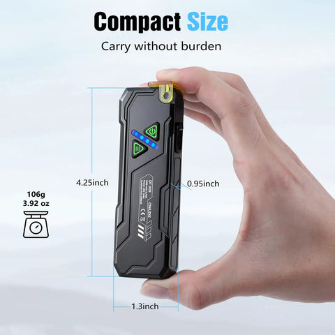 Hand holding Compact EDC Flashlight With 1000 Lumens White LED UV RGB Modes, Yellow Diffuser, USB C Rechargeable, Black Finish, dimensions and weight shown.