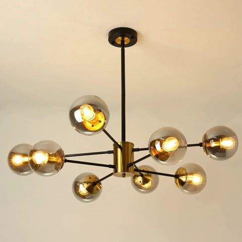 Modern 8 Light Glass Globe Sputnik Chandelier In Black And Gold E26 Base Crystal Pendant Light With Height Adjustable Arms