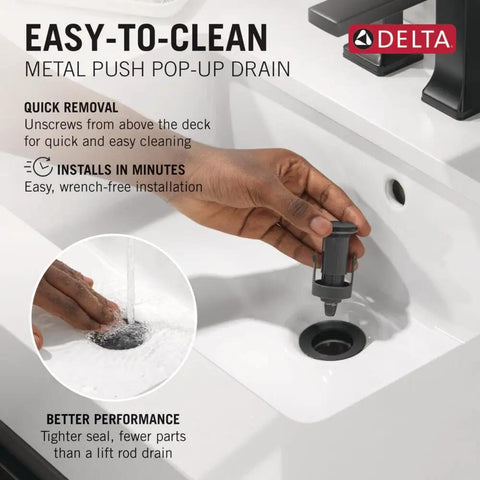 Esato Centerset Chrome Bathroom Faucet with a person removing the metal push pop-up drain for easy cleaning.