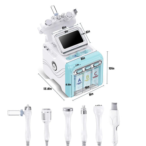 6 In 1 Facial Machine For At Home Spa Grade Skin Care Device with six handles shown, dimensions labeled, on white background.
