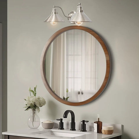 Two Light Modern Farmhouse Vanity Light With Dual Funnel Shades In Industrial Silver Brushed Nickel Finish in bathroom over mirror