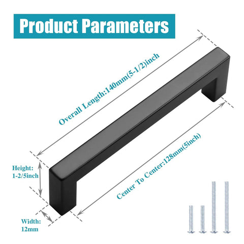 6 Pack Matte Black Stainless Steel Kitchen Cabinet Door Handles With Five Inch Center To Center Spacing product dimensions diagram