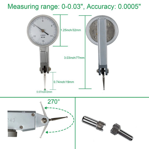 HDLNKAK dial test indicator with magnetic base, 0-0.03 in range, 0.0005 in accuracy; case includes 3/8 and 5/32 clamps