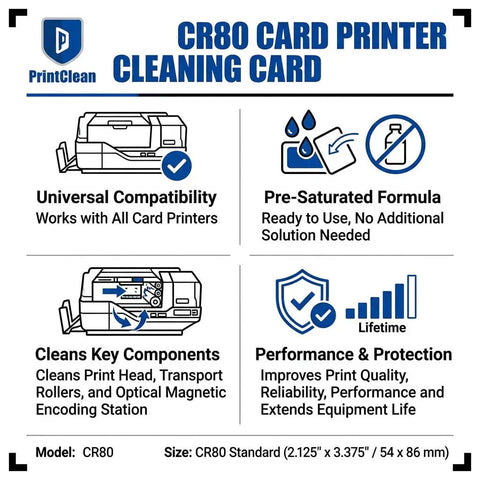 CR80 card printer cleaning card features for maintenance, universal compatibility, pre-saturated formula, and key component cleaning.
