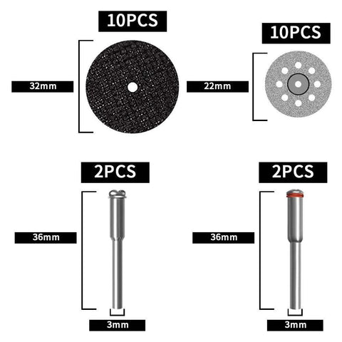 Cutting discs and drill bits set for Dremel rotary tool: 10x 32mm discs, 10x 22mm perforated discs, 2x 36mm drill bits