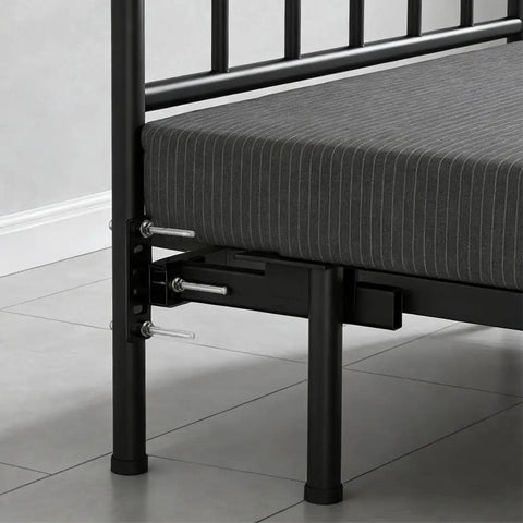 2 Pack Heavy Duty Adjustable Headboard Brackets For Metal Bed Frame With Universal Footboard Extension Kit Fits Queen King Twin showing installation on a black metal bed frame.