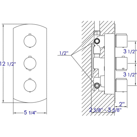 Detailed diagram of HomeStock Modern Thermostatic Shower System with Separate Temperature & Pressure Controls, Matte Black Finish dimensions.