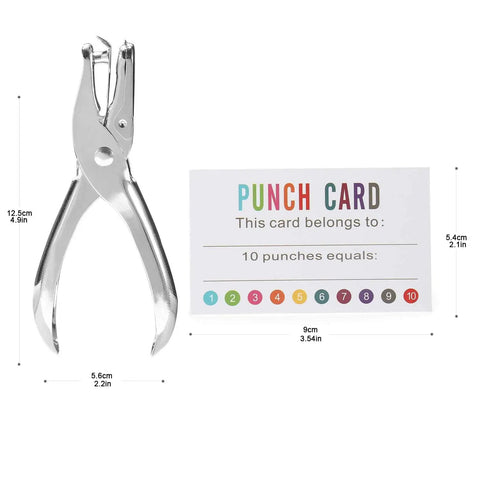 Metal hole puncher and reward card from Punch Card Loyalty Pack Of 200 For Kids And Students Reward Cards For Classroom Behavior Incentives Teachers Can Use For Chores At Home Or For Grades Office Boost, displaying dimensions.