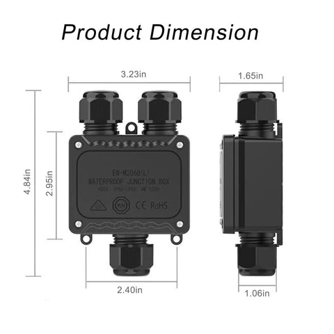 Rugged Outdoor IP68 Waterproof Three Way M25 Junction Box For Underground Coaxial Cables with product dimensions labeled.