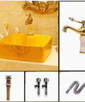 Rectangle Vessel Sink For Bathroom,Gold Bathroom Ceramic Vessel Sink Above Counter Bathroom Vanity Sink Bowl with faucet and plumbing.