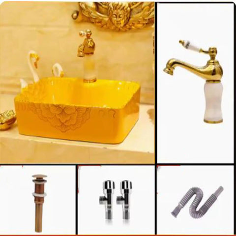Rectangle Vessel Sink For Bathroom,Gold Bathroom Ceramic Vessel Sink Above Counter Bathroom Vanity Sink Bowl with faucet and plumbing.