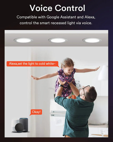 Alexa-controlled 4 Pack 6 Inch Ultra Thin Smart WiFi Recessed Canless Downlights, father lifting child, illustrating voice command use.