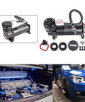 Heavy Duty 200 PSI 12V Electric Air Compressor Pump with accessories for train horns and air ride stance.