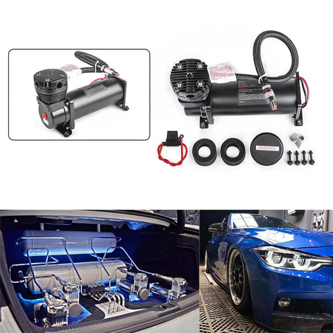 Heavy Duty 200 PSI 12V Electric Air Compressor Pump with accessories for train horns and air ride stance.