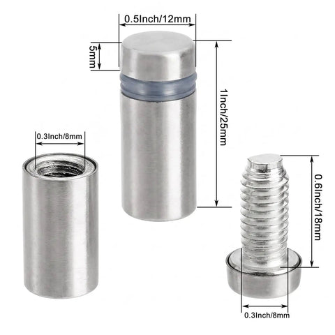 Pro Grade Stainless Steel 60 Pcs Standoff Screws Half Inch By One Inch Mounting Hardware with dimensions, top view.