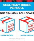 Diagram showing box sealing methods, highlighting 2-strip and H-strip techniques for Heavy Duty Packing Tape With Dispenser 1.88 X 54.6 Yd.