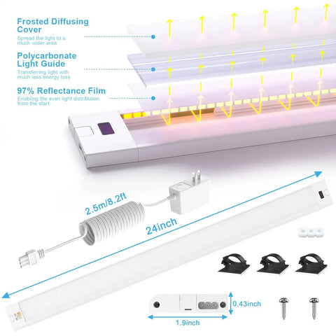 Plug In 24 Inch Under Cabinet Light Bar With Wave Sensor, Touchless Dimming, 1400 Lumen LED Strip, Color Tunable 2700K To 6500K, showing components and dimensions