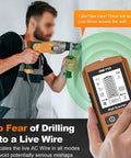 Minhe HW-710 5-in-1 Wall Detector in use, showing live AC wire detection while drilling into drywall.