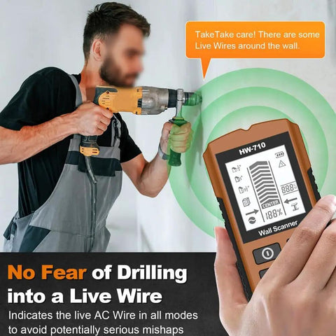 Minhe HW-710 5-in-1 Wall Detector in use, showing live AC wire detection while drilling into drywall.