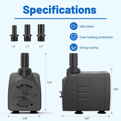 Ultra Quiet Submersible Water Pump 400GPH 1500L/H 25W With Overheat Protection 6.5Ft Lift Adjustable Flow For Pond Aquarium