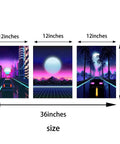 Neon Cyberpunk City Wall Art Set, 3 Panels, 12x16 Inches, Teen Boy Room Decor, Cars Driving Through Neon Suburbs, Retro 80s Inspired Landscape Canvas For Bedroom, Living Room, Or Office