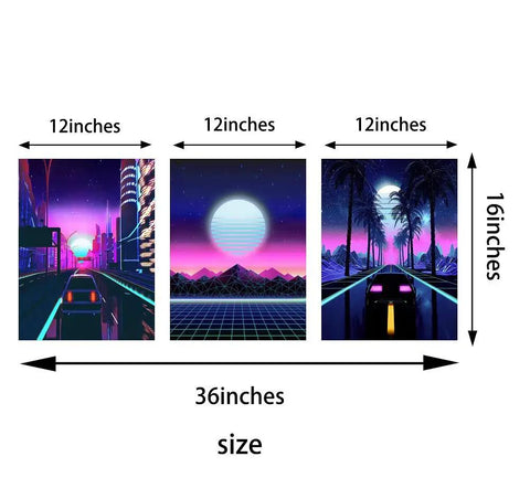Neon Cyberpunk City Wall Art Set, 3 Panels, 12x16 Inches, Teen Boy Room Decor, Cars Driving Through Neon Suburbs, Retro 80s Inspired Landscape Canvas For Bedroom, Living Room, Or Office
