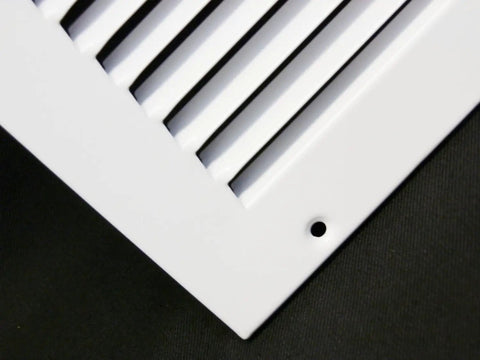 Close-up of white steel corner of 12 X 18 Inch Flat Stamped Steel Return Air Grille For Duct Opening Fits Sidewall And Ceiling HVAC Vent Cover