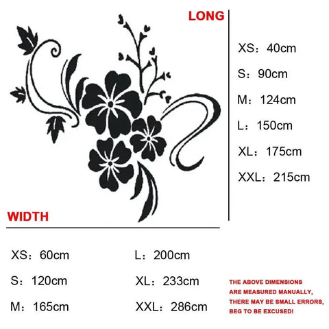Dope 3D Flower Pattern Wall Decals Set For Living Room And Bedroom, size dimensions chart, silvery finish, XXL 215cm by 286cm