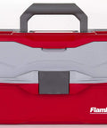 Three-Tray Tackle Box With Cantilever Design For Easy Access Large Portable Fishing Lure Storage Organizer With 32 Compartments And Removable Dividers Flip-Top Lid For Accessories Red And Gray, front view