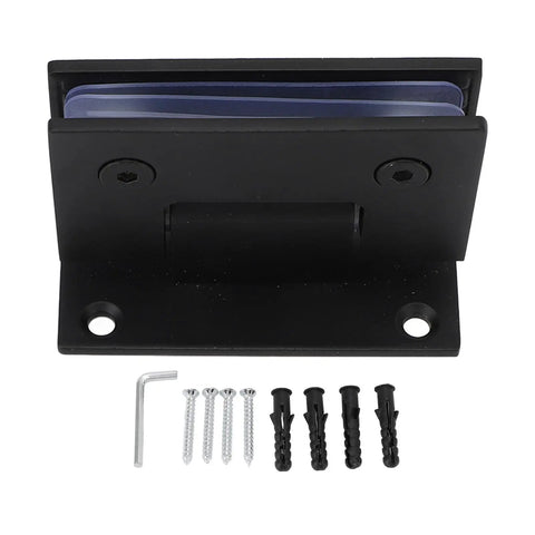 Heavy Duty 90 Degree Glass Shower Door Hinges Set In Stainless Steel For Frameless Doors Includes Mounting Hardware No Fuss Easy Install For 8 To 12mm Glass Replacement Parts You Can Trust. Black glass shower hinge set with screws, anchors and Allen key