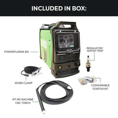 Heavy Duty 80 Amp Cnc Plasma Cutter With Ptm Machine Torch And Blowback Ignition For Painted Or Rusted Metals Includes 24 Foot Cable With Euro Quick Connect components displayed including plasma cutter, torch, and accessories.