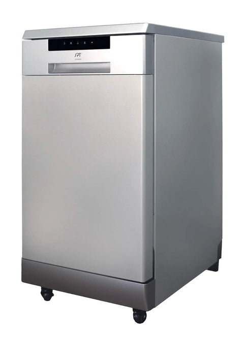 Sleek Heavy Duty Portable Dishwasher 18 Inch With Stainless Steel Tub, plug and play countertop appliance on wheels.