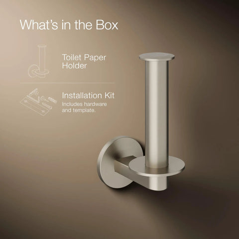 Vertical Toilet Paper Holder In Brushed Nickel Finish For Easy Refill And Modern Bathroom Coordination Part Of Components Collection With Durable Steel Mount And Slim Wall Post, installation kit visible