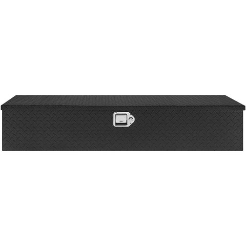 Road Ready Heavy Duty Aluminum Truck Bed Toolbox Featuring Diamond Plate Shield And Tamper Proof Latching For Rough Daily Runs And Tailgate Chasing 48 Inch Black Storage Case, side view, sturdy design.