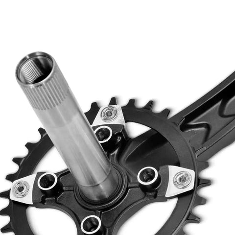 Close-up of Crank Arm Set 175mm 104 BCD With Bottom Bracket Kit And Chainring Bolts For MTB BMX And Road Bikes in aluminum.