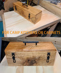 Wooden box with beefy black metal pull latch, suitable for camp kitchens or cabinets, shown on a workbench.