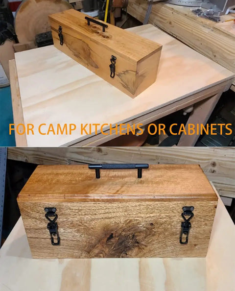 Wooden box with beefy black metal pull latch, suitable for camp kitchens or cabinets, shown on a workbench.