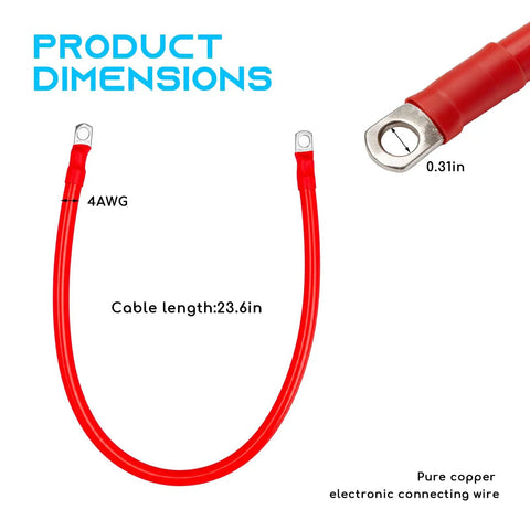 Heavy Duty 4 AWG Battery Cable 24 Inch Red Tinned Copper Auto Wire With 5 16 Lug Terminals, showing dimensions and design.