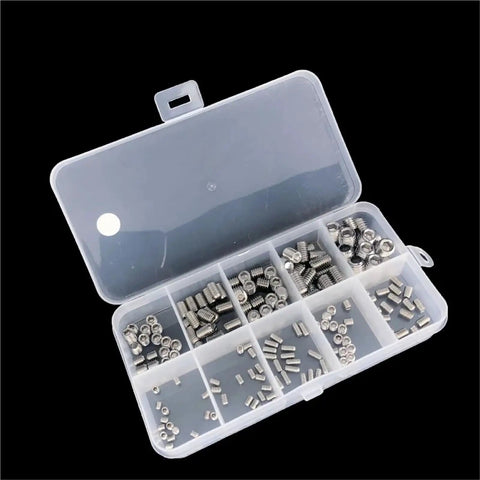 Metric Hex Socket Head and Headless Screws Assortment Kit With Internal Cup Point Set visible in organized plastic case compartments