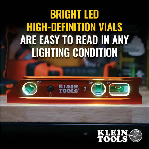 9 Inch Lighted Torpedo Level on wood surface, showing bright LED vials and magnetic track, highlighting 0 45 90 degree vials