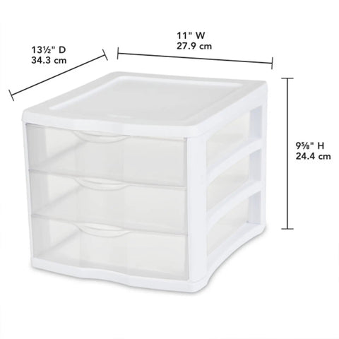 4 Pack 3 Drawer Stackable Plastic Organizer With Drawers White Frame Go To Countertop Storage Solution For Office Supplies Craft Rooms Classrooms And Home Organization, dimensions shown
