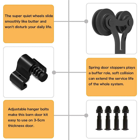 Sliding Barn Door Hardware Kit With Y Shape Rollers And Upgraded Nylon Bearings For Quiet, Smooth Operation, Heavy Duty Track System Delivers Stable And Sturdy Performance For A 5 Foot Door, black roller close-up