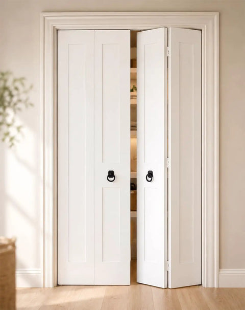 White bifold doors featuring 2 Pack Matte Black Ring Pull Cabinet Handles With 1.6 Inch Backplates No Fuss Modern Drawer Pulls