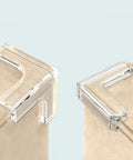 Close-up of two clear Triangular PVC Corner Protectors Set Of 10 With Corner Brace Design installed on wooden surfaces