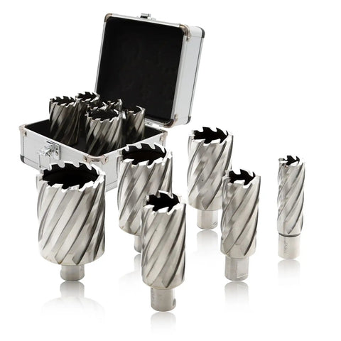 Heavy Duty 6 Piece Annular Cutter Set Spanning Seven Eighths To Two Inches With Three Quarter Inch Welded Shank in a storage case.