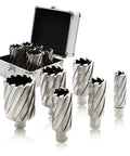 Heavy Duty 6 Piece Annular Cutter Set Spanning Seven Eighths To Two Inches With Three Quarter Inch Welded Shank in storage case.