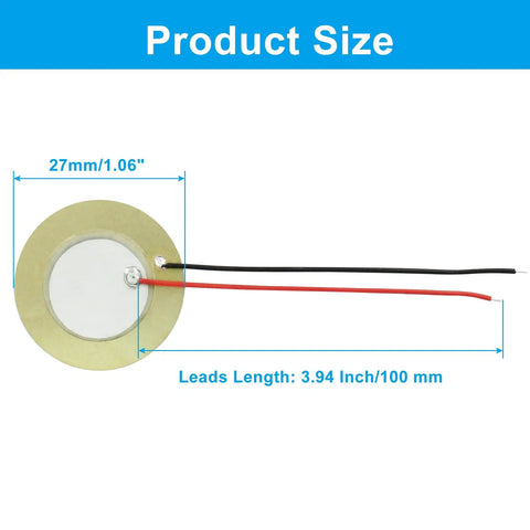 Twenty Piezo Discs Transducers 27mm With 3.94 Inch Leads And 100mm Cables shown with measurements for DIY projects.