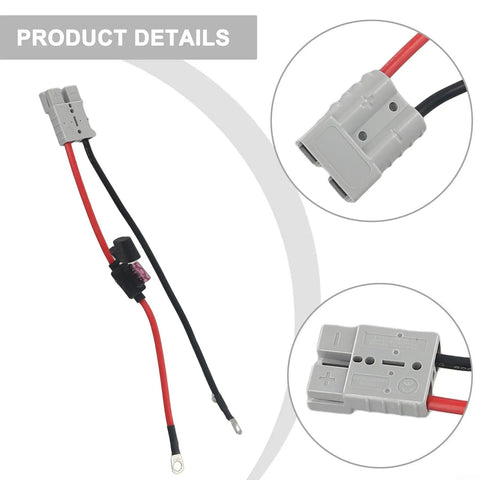 Top Shelf Heavy Duty 10Awg 50A EV Charging Cable With M8 Ring Terminal, featuring connectors and a fuse in red and black.