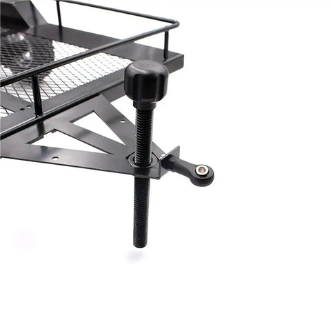 Close-up of Heavy Duty Metal RC Trailer With Dual Axles And Integrated Suspension articulating hitch detail.